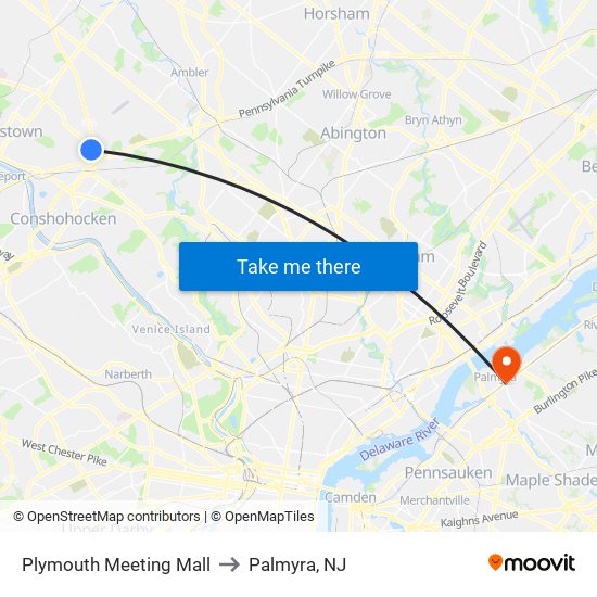 Plymouth Meeting Mall to Palmyra, NJ map