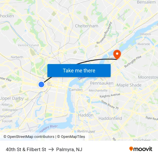 40th St & Filbert St to Palmyra, NJ map