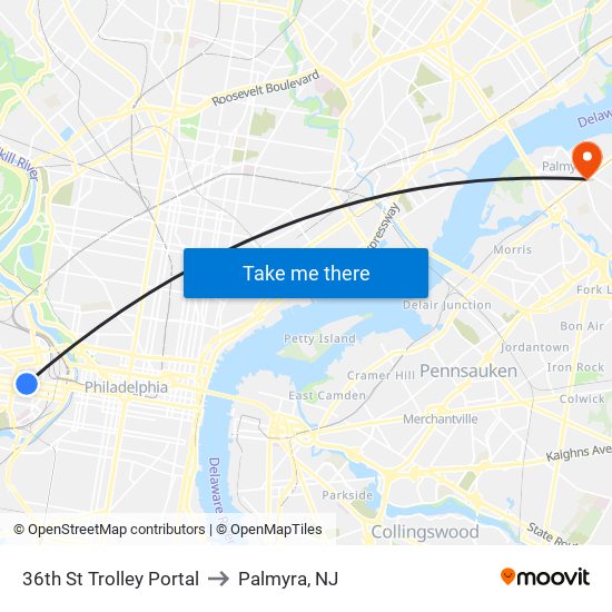 36th St Trolley Portal to Palmyra, NJ map