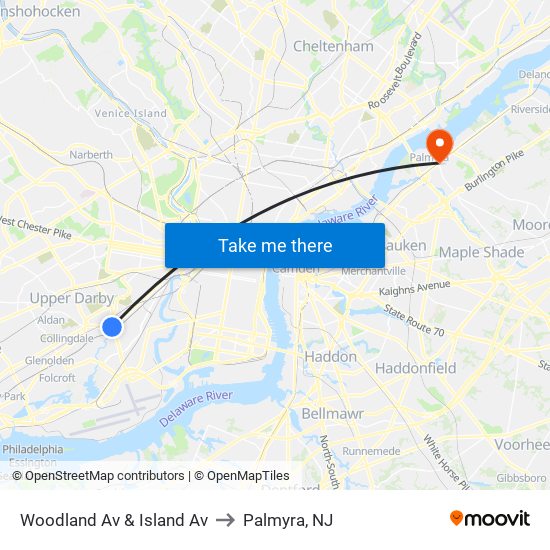 Woodland Av & Island Av to Palmyra, NJ map