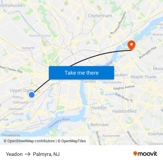 Yeadon to Palmyra, NJ map