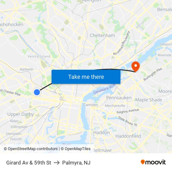 Girard Av & 59th St to Palmyra, NJ map