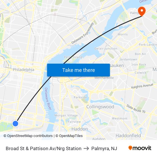 Broad St & Pattison Av/Nrg Station to Palmyra, NJ map