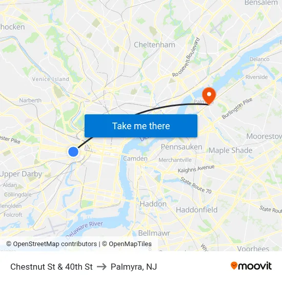 Chestnut St & 40th St to Palmyra, NJ map