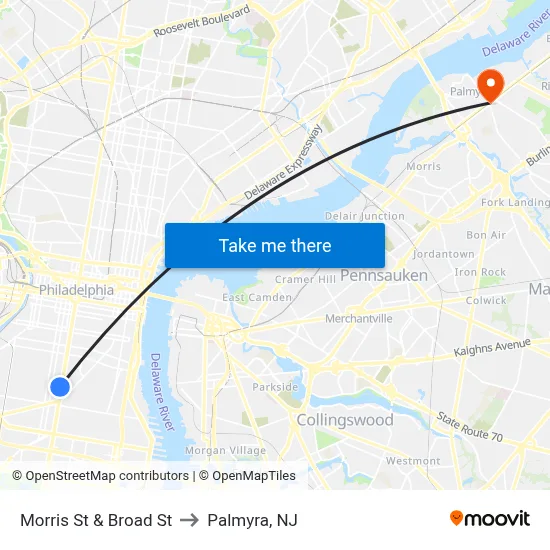 Morris St & Broad St to Palmyra, NJ map
