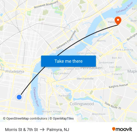 Morris St & 7th St to Palmyra, NJ map