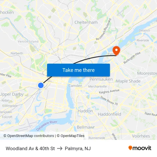 Woodland Av & 40th St to Palmyra, NJ map