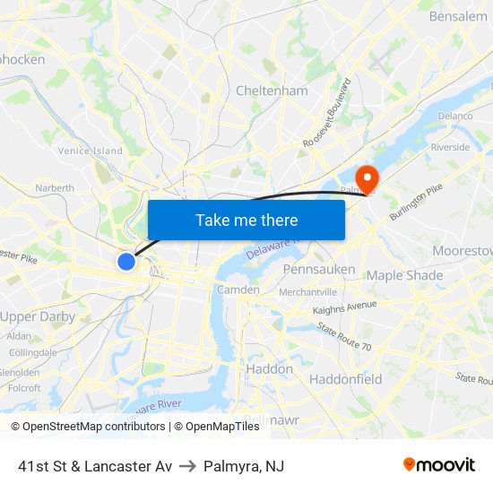 41st St & Lancaster Av to Palmyra, NJ map