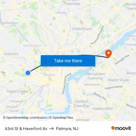 63rd St & Haverford Av to Palmyra, NJ map