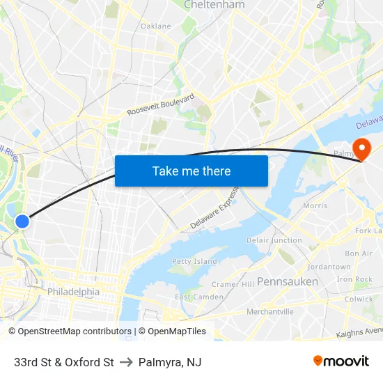 33rd St & Oxford St to Palmyra, NJ map