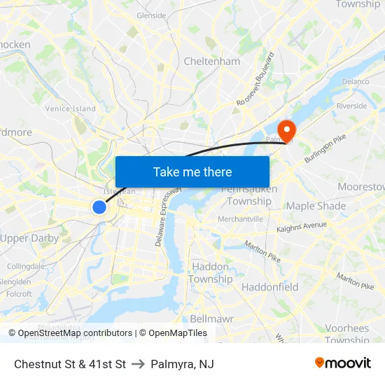 Chestnut St & 41st St to Palmyra, NJ map