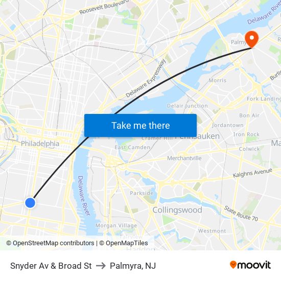 Snyder Av & Broad St to Palmyra, NJ map
