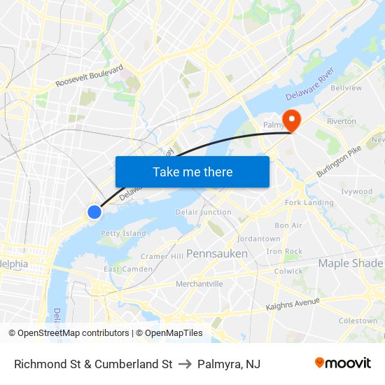 Richmond St & Cumberland St to Palmyra, NJ map