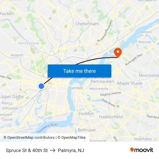 Spruce St & 40th St to Palmyra, NJ map
