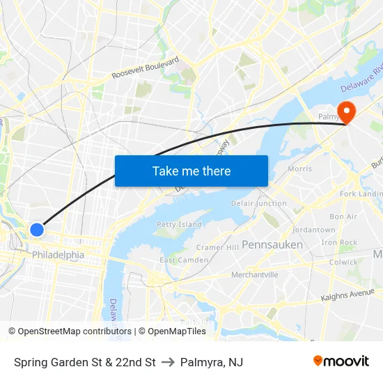 Spring Garden St & 22nd St to Palmyra, NJ map