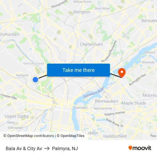 Bala Av & City Av to Palmyra, NJ map