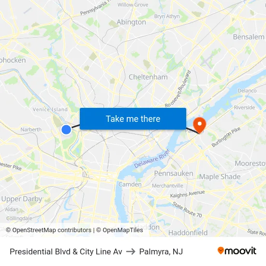 Presidential Blvd & City Line Av to Palmyra, NJ map