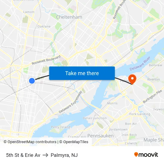 5th St & Erie Av to Palmyra, NJ map