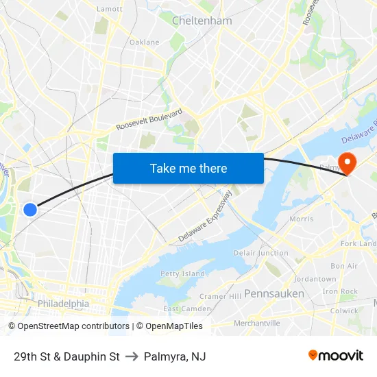 29th St & Dauphin St to Palmyra, NJ map