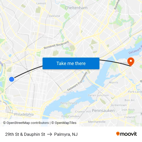 29th St & Dauphin St to Palmyra, NJ map