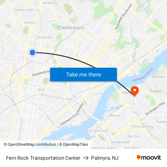Fern Rock Transportation Center to Palmyra, NJ map