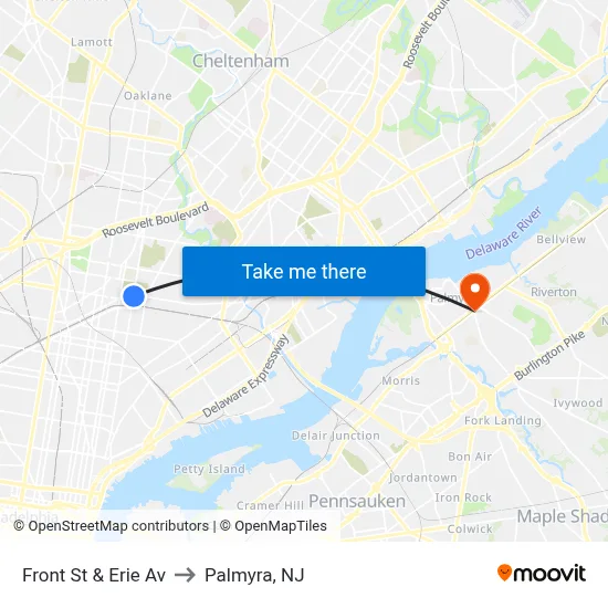Front St & Erie Av to Palmyra, NJ map