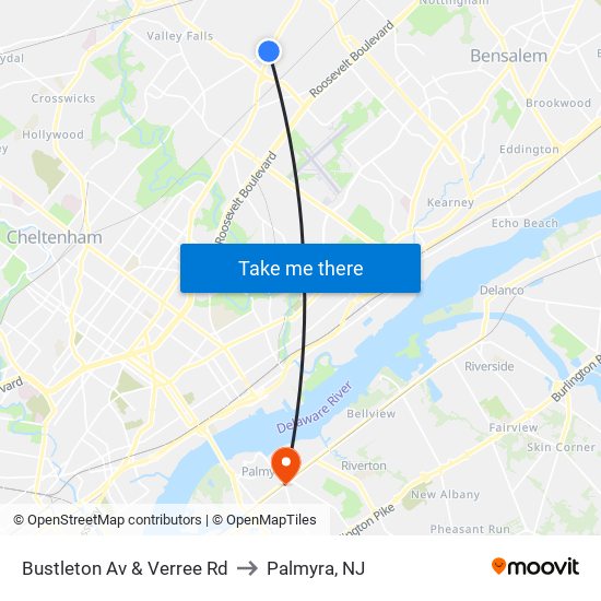 Bustleton Av & Verree Rd to Palmyra, NJ map