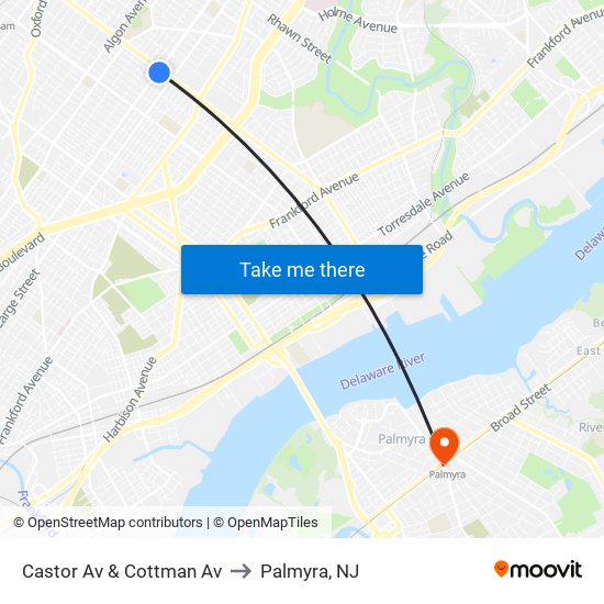 Castor Av & Cottman Av to Palmyra, NJ map