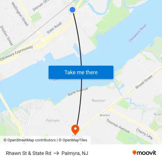 Rhawn St & State Rd to Palmyra, NJ map