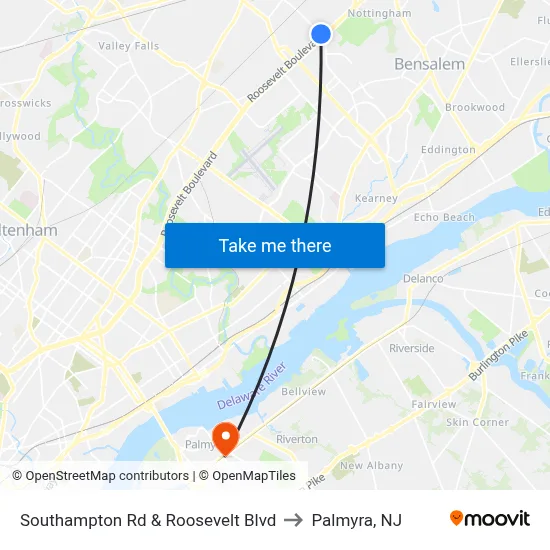 Southampton Rd & Roosevelt Blvd to Palmyra, NJ map