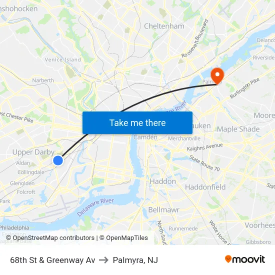68th St & Greenway Av to Palmyra, NJ map