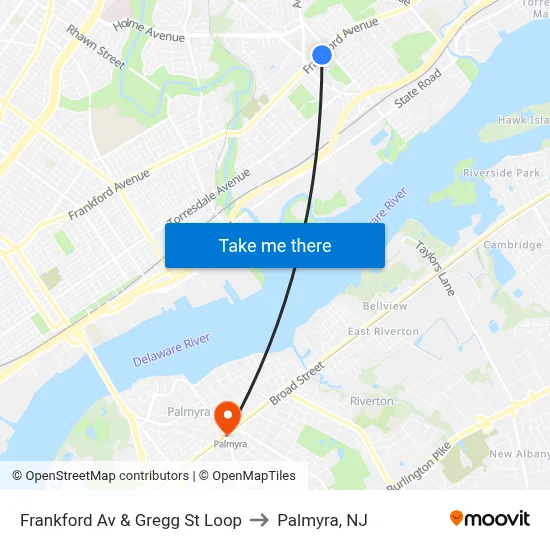 Frankford Av & Gregg St Loop to Palmyra, NJ map