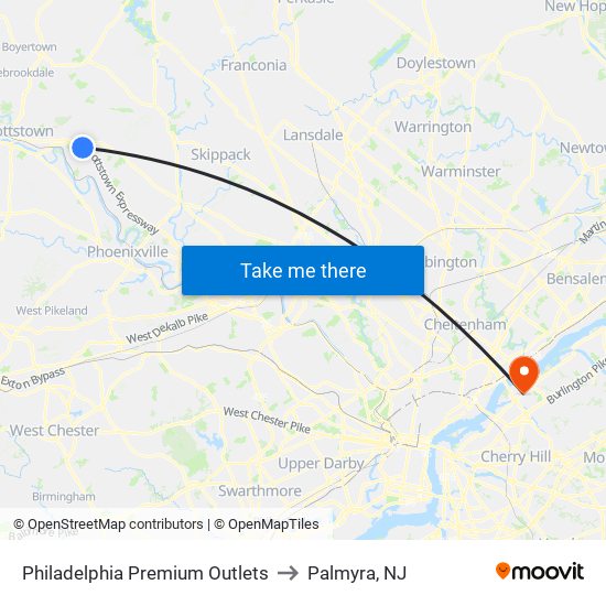 Philadelphia Premium Outlets to Palmyra, NJ map
