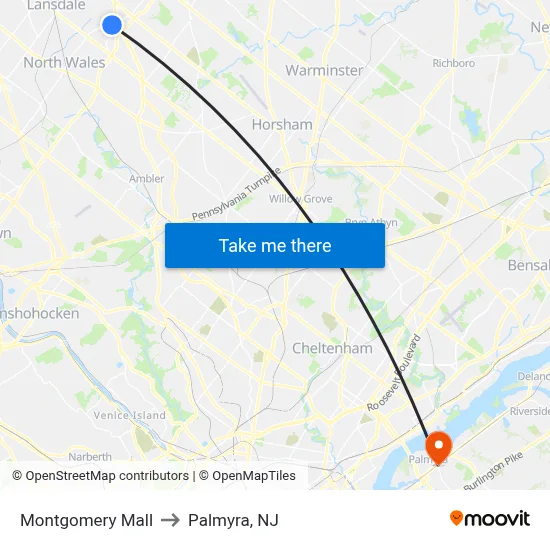 Montgomery Mall to Palmyra, NJ map