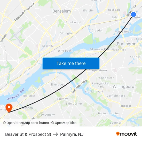 Beaver St & Prospect St to Palmyra, NJ map