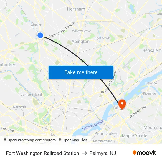 Fort Washington Railroad Station to Palmyra, NJ map