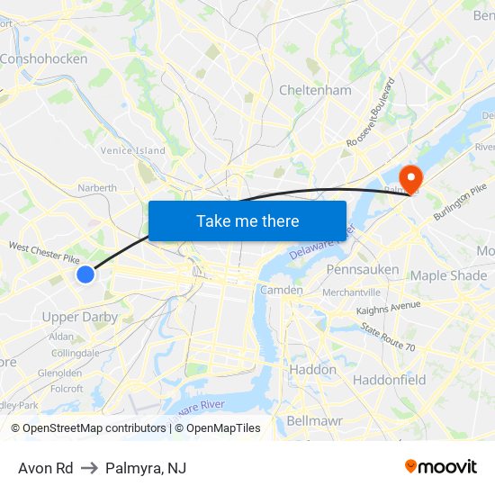 Avon Rd to Palmyra, NJ map