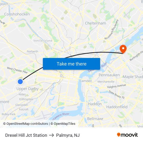 Drexel Hill Jct Station to Palmyra, NJ map