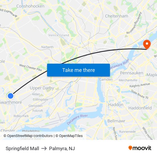 Springfield Mall to Palmyra, NJ map