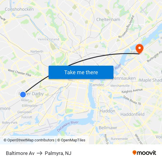 Baltimore Av to Palmyra, NJ map