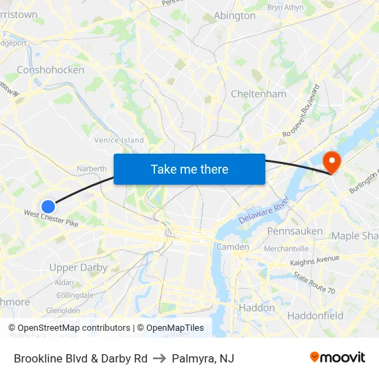 Brookline Blvd & Darby Rd to Palmyra, NJ map