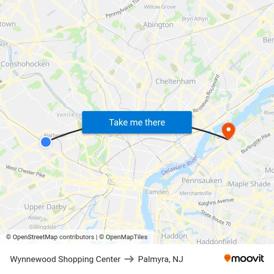 Wynnewood Shopping Center to Palmyra, NJ map