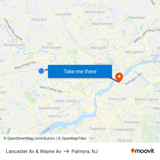 Lancaster Av & Wayne Av to Palmyra, NJ map
