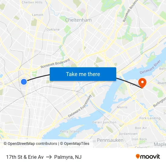 17th St & Erie Av to Palmyra, NJ map