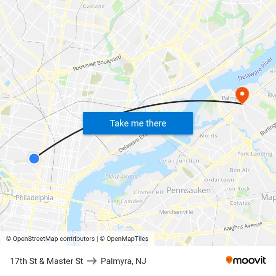 17th St & Master St to Palmyra, NJ map