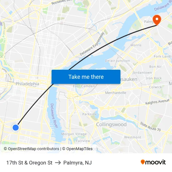 17th St & Oregon St to Palmyra, NJ map