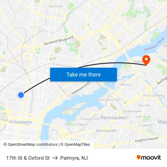 17th St & Oxford St to Palmyra, NJ map