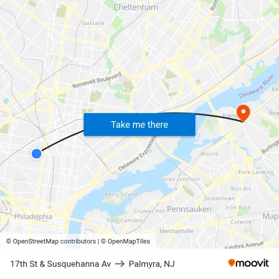 17th St & Susquehanna Av to Palmyra, NJ map