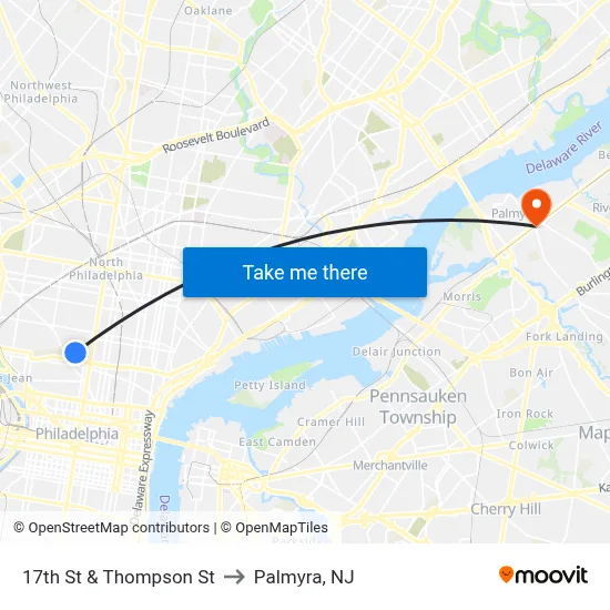 17th St & Thompson St to Palmyra, NJ map