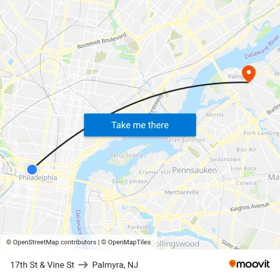 17th St & Vine St to Palmyra, NJ map